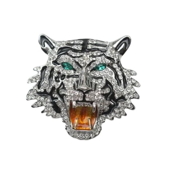 Tiger Head Clear Crystal Rhinestone & Enamel Brooch Pin - Picture 1 of 2